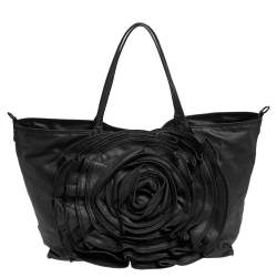 Pre Owned Valentino Black Denim XL Petale Rose Tote