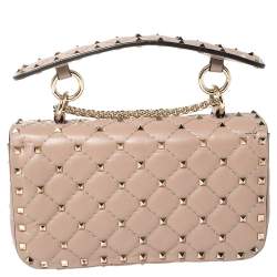 Pre Owned Valentino Beige Quilted Leather Small Rockstud Spike Chain Shoulder Bag
