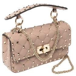 Pre Owned Valentino Beige Quilted Leather Small Rockstud Spike Chain Shoulder Bag
