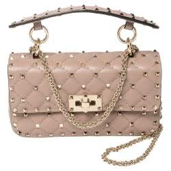 Pre Owned Valentino Beige Quilted Leather Small Rockstud Spike Chain Shoulder Bag