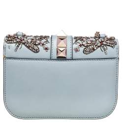 Pre Owned Valentino Grey Leather Embellished Rockstud Glam Lock Chain Shoulder Bag