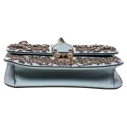 Pre Owned Valentino Grey Leather Embellished Rockstud Glam Lock Chain Shoulder Bag