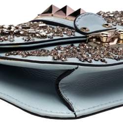 Pre Owned Valentino Grey Leather Embellished Rockstud Glam Lock Chain Shoulder Bag