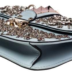 Pre Owned Valentino Grey Leather Embellished Rockstud Glam Lock Chain Shoulder Bag