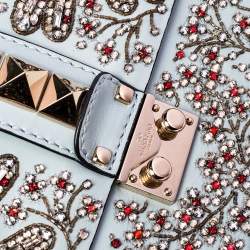 Pre Owned Valentino Grey Leather Embellished Rockstud Glam Lock Chain Shoulder Bag