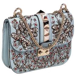 Pre Owned Valentino Grey Leather Embellished Rockstud Glam Lock Chain Shoulder Bag