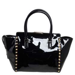 Pre Owned Valentino Black Patent Leather Small Rockstud Trapeze Tote