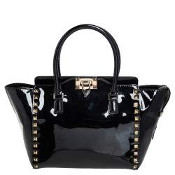Pre Owned Valentino Black Patent Leather Small Rockstud Trapeze Tote