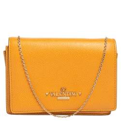 Pre Owned Valentino Mustard Grained Leather Chain Crossbody Clutch