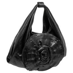 Pre Owned Valentino Black Leather Petale Rose Hobo Bag
