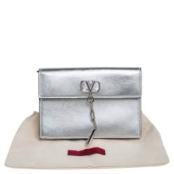 Pre Owned Valentino Metallic Silver Leather Vcase Clutch