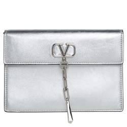 Pre Owned Valentino Metallic Silver Leather Vcase Clutch