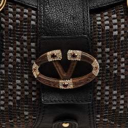 Pre Owned Valentino Black Leather And Fabric VLogo Flap Tote