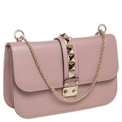 Pre Owned حقيبة فالنتينو جلد بيج مرصع روكستد قفل غلام ذات قلاب متوسطة