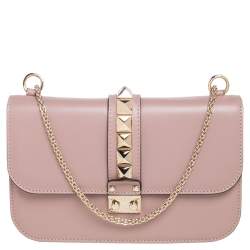 Pre Owned حقيبة فالنتينو جلد بيج مرصع روكستد قفل غلام ذات قلاب متوسطة