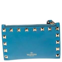مملوكة مسبقًا Valentino Blue Leather Rockstud Bifold Card Wallet