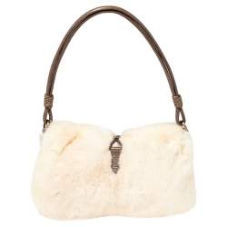 مملوكة مسبقًا Valentino Off White Mink Fur and Lizard VRing Crystals Hobo