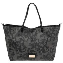 Pre Owned Valentino Grey/Black Lace Print Coated Canvas and Leather Shopper Tote