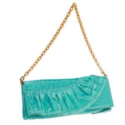مملوكة مسبقًا Valentino Aqua Green Croc Embossed Leather Ruffle Chain Clutch