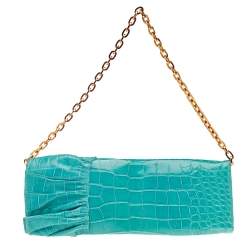مملوكة مسبقًا Valentino Aqua Green Croc Embossed Leather Ruffle Chain Clutch