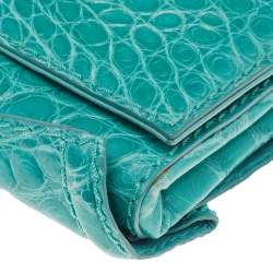 مملوكة مسبقًا Valentino Aqua Green Croc Embossed Leather Ruffle Chain Clutch