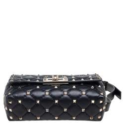 Pre Owned Valentino Black Leather Rockstud Flap Belt Bag
