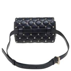 Pre Owned Valentino Black Leather Rockstud Flap Belt Bag
