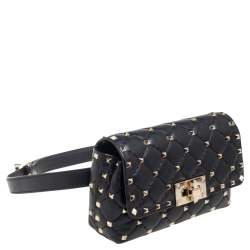 Pre Owned Valentino Black Leather Rockstud Flap Belt Bag