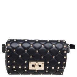 Pre Owned Valentino Black Leather Rockstud Flap Belt Bag