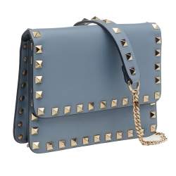 Valentino Light Blue Leather Small Rockstud Flap Top Shoulder Bag