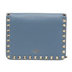 Valentino Light Blue Leather Small Rockstud Flap Top Shoulder Bag