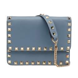 Valentino Light Blue Leather Small Rockstud Flap Top Shoulder Bag