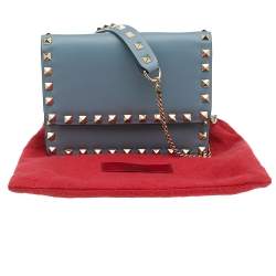 Valentino Light Blue Leather Small Rockstud Flap Top Shoulder Bag