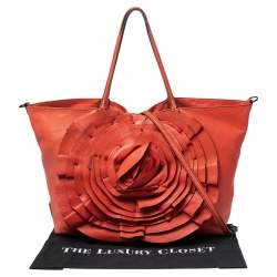 Pre Owned Valentino Orange Leather Petale Rose Shopper Tote