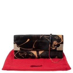 Pre Owned حقيبة كلتش فالنتينو شعر عجل مطبوع بني/أسود مزخرفة كريستال بقلاب وسلسلة