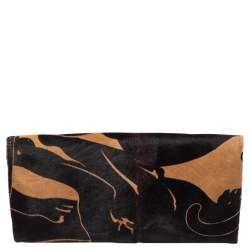 Pre Owned حقيبة كلتش فالنتينو شعر عجل مطبوع بني/أسود مزخرفة كريستال بقلاب وسلسلة