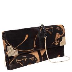 Pre Owned حقيبة كلتش فالنتينو شعر عجل مطبوع بني/أسود مزخرفة كريستال بقلاب وسلسلة