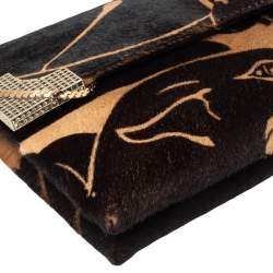 Pre Owned حقيبة كلتش فالنتينو شعر عجل مطبوع بني/أسود مزخرفة كريستال بقلاب وسلسلة