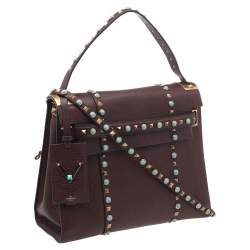 Pre Owned Valentino Burgundy Leather Medium My Rockstud Rolling Top Handle Bag