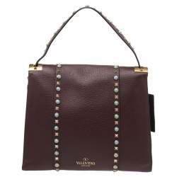 Pre Owned Valentino Burgundy Leather Medium My Rockstud Rolling Top Handle Bag