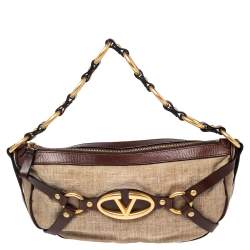 Pre Owned Valentino Beige/Brown Canvas and Leather V-Logo Pochette Bag
