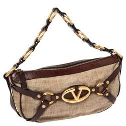 Pre Owned Valentino Beige/Brown Canvas and Leather V-Logo Pochette Bag