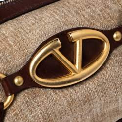 Pre Owned Valentino Beige/Brown Canvas and Leather V-Logo Pochette Bag