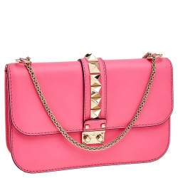 Pre Owned Valentino Pink Leather Medium Rockstud Glam Lock Flap Shoulder Bag