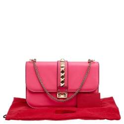 Pre Owned Valentino Pink Leather Medium Rockstud Glam Lock Flap Shoulder Bag