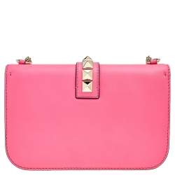 Pre Owned Valentino Pink Leather Medium Rockstud Glam Lock Flap Shoulder Bag