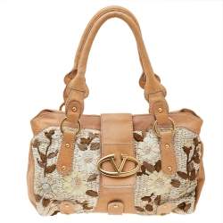 Valentino Beige Leather And Raffia Catch Bag