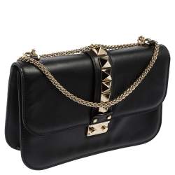 Pre Owned Valentino Black Leather Medium Rockstud Glam Lock Flap Bag