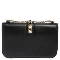 Pre Owned Valentino Black Leather Medium Rockstud Glam Lock Flap Bag