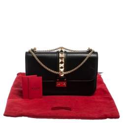 Pre Owned Valentino Black Leather Medium Rockstud Glam Lock Flap Bag